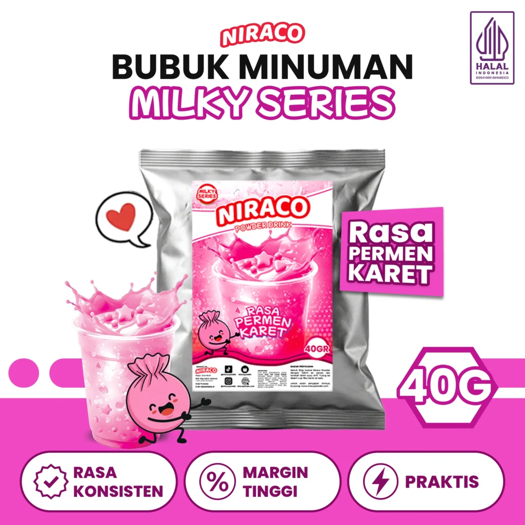 Niraco Bubble Gum Powder 40gr – Bubuk Minuman Pink Permen Karet Viral Creamy Tester Cafe
